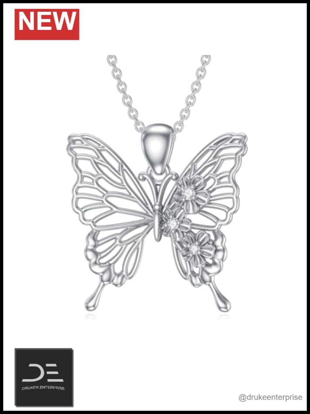 Sterling Silver Diamond Butterfly Pendant Necklace, Pavé Lab Grown Diamond